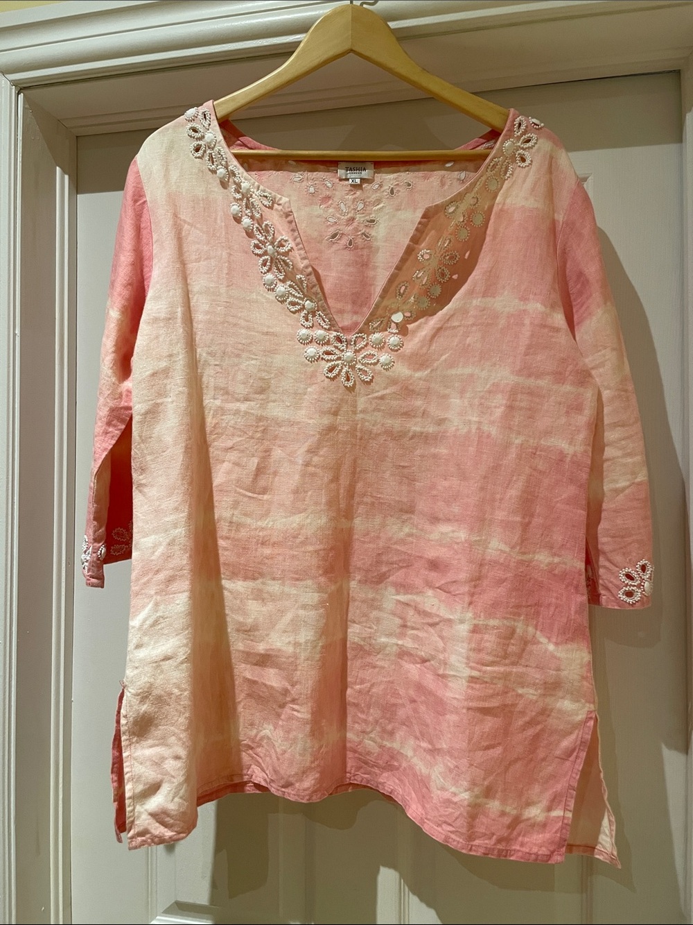 Tashia London Linen Tunic XL Pink Tie Dye Beaded Embroidered Resort Boho Chic